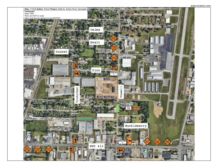 Springdale_AR's tweet photo. CLOSURE NOTICE: 

As a continuation of utility construction improvements, Powell Street will be closed at Sisters Avenue until August 15, pending delay. See graphic for details. https://t.co/pqjEgPDnpD