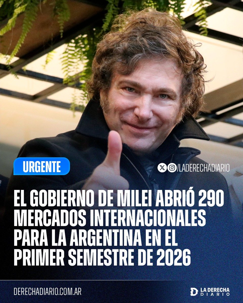 laderechadiario's tweet photo. 🚨🇦🇷 | ARGENTINA SE ABRE AL MUNDO: Durante el primer semestre de 2026, la Argentina logró acceder a más de 290 mercados internacionales gracias a la apertura comercial impulsada por el Gobierno de Milei.

“Argentina sigue fortaleciendo su presencia en los mercados internacionales. Se concretaron 24 nuevas aperturas y 268 reaperturas de mercados, impulsando las exportaciones y la inserción internacional”, anunció el vocero presidencial, Adrián Ravier.