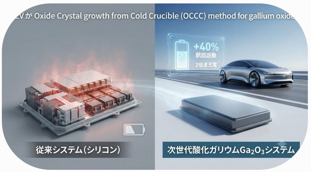 swic's tweet photo. @1p_semicon この技術の核心は、従来のシリコン（Si）や炭化ケイ素（SiC）を凌駕する性能を持つとされる「酸化ガリウム（Ga₂O₃）」の大型単結晶を、**「貴金属オールフリー（貴金属を全く使用しない）」かつ「低コスト」**な方法で製造できるようになった点にあります。 https://t.co/VtfPZp9vXO
