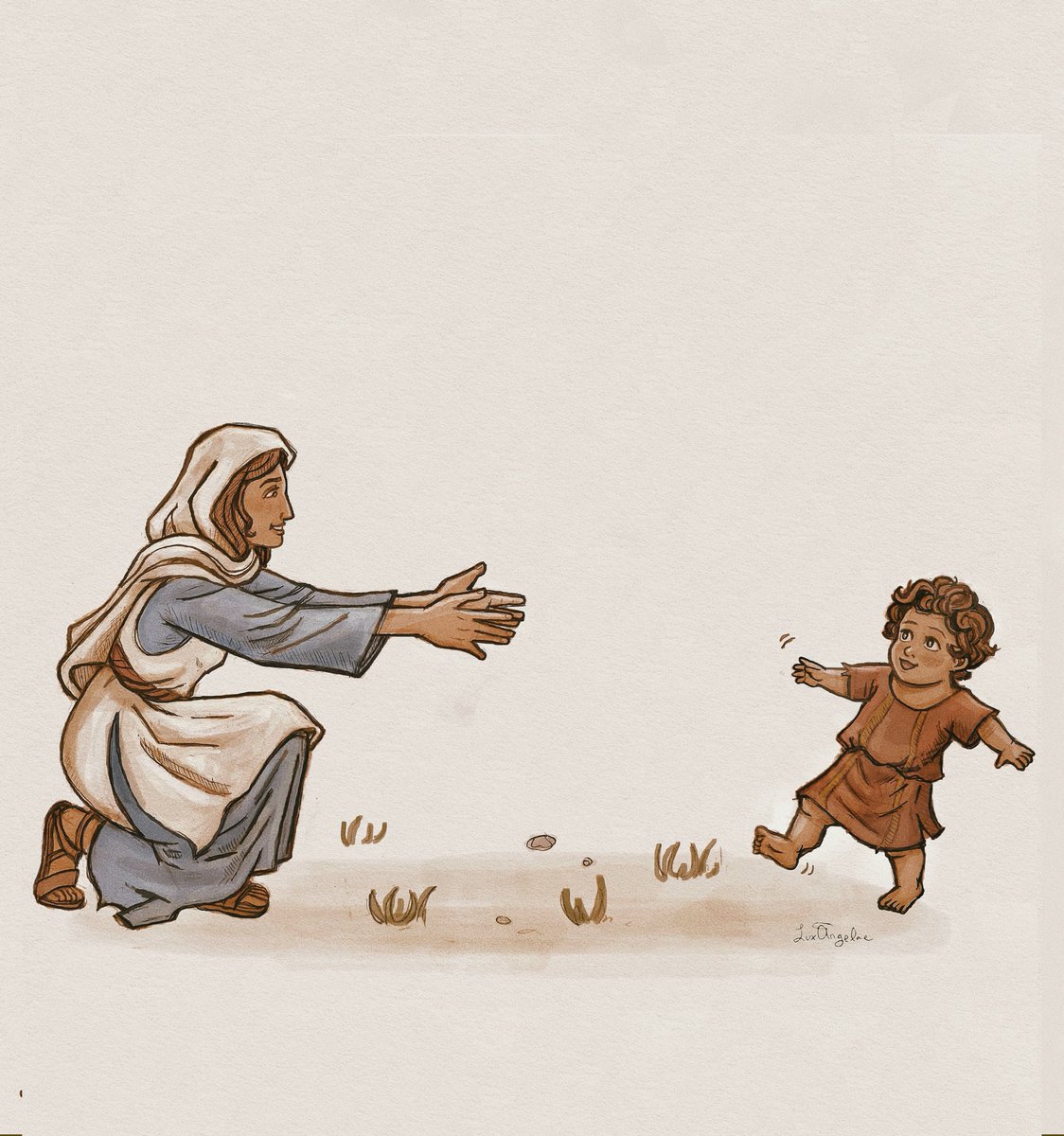 luxangelae's tweet photo. Jesus taking His first (wobbly) steps toward his mother https://t.co/yxOtfx9Kcn