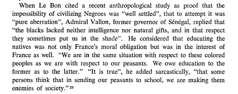 posta_octavian's tweet photo. Yea, it's NATIONALISTS who tried to "unite Europe with Africa".

Between 1848 and 1962, Algeria was an official part of France, rather than a colony. French nationalists genuinely planned to assimilate the Algerians and turn them into Frenchmen. Critical voices were actually shut down. (see pics below). Portugal pursued similar policies. 

Meanwhile it was always the monarchical, aristocratic forces like Napoleon III who thought it was a terrible idea. Likewise, the aristocratic British Empire was completely uninterested in assimilation.

Nationalism doesn't just posit "every nation should have a state" but also "a state's people is its nation". It is a homogenising tendency that tries to fight difference and diversity within its territory to rule it more effectively. French nationalists killed Occitan, Catalan, Alsatian, Breton, etc. Hitler planned to assimilate Poles. Don't think that nationalism is the same as nativism, because they are not. 

For a French nationalist, Martinique and Mayotte are 100% fully French and Belgium is some random foreign country. That's what nationalism means. This is why the far-right in France calls itself identitarian and NOT nationalist.