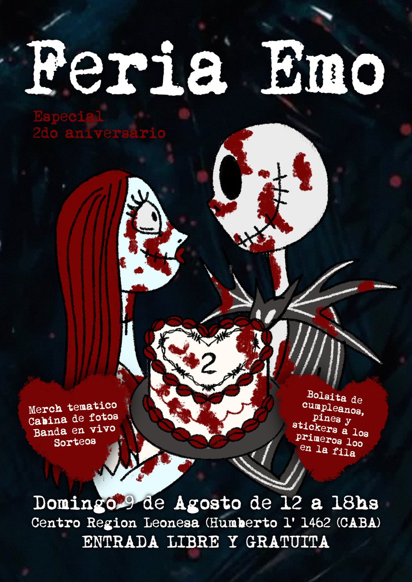 FeriaEmo's tweet photo. 2 AÑOS DE FERIA EMO 🖤✨

 🗓️ Dom 9 de Agosto de 12 a 18
📍 Centro Región Leonesa
🎟️ Entrada libre y gratuita

• Merch de tus bandas favoritas
• Show en vivo
• Cabina de foto
• Sorteos 

Además los 1ros 100 se llevan una bolsita de cumpleaños con golosinas, pines y stickers. https://t.co/DECvPRvpFK