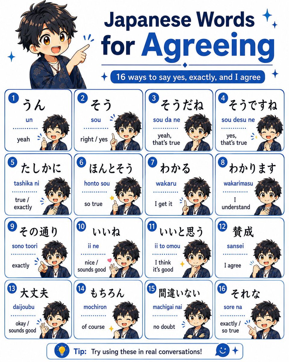 Japanese__yuki's tweet photo. Agreeing in Japanese is more than just はい.

These short phrases help you sound more natural, friendly, and expressive in real conversations.
How many of these do you already use? https://t.co/cXgzp8NtDU