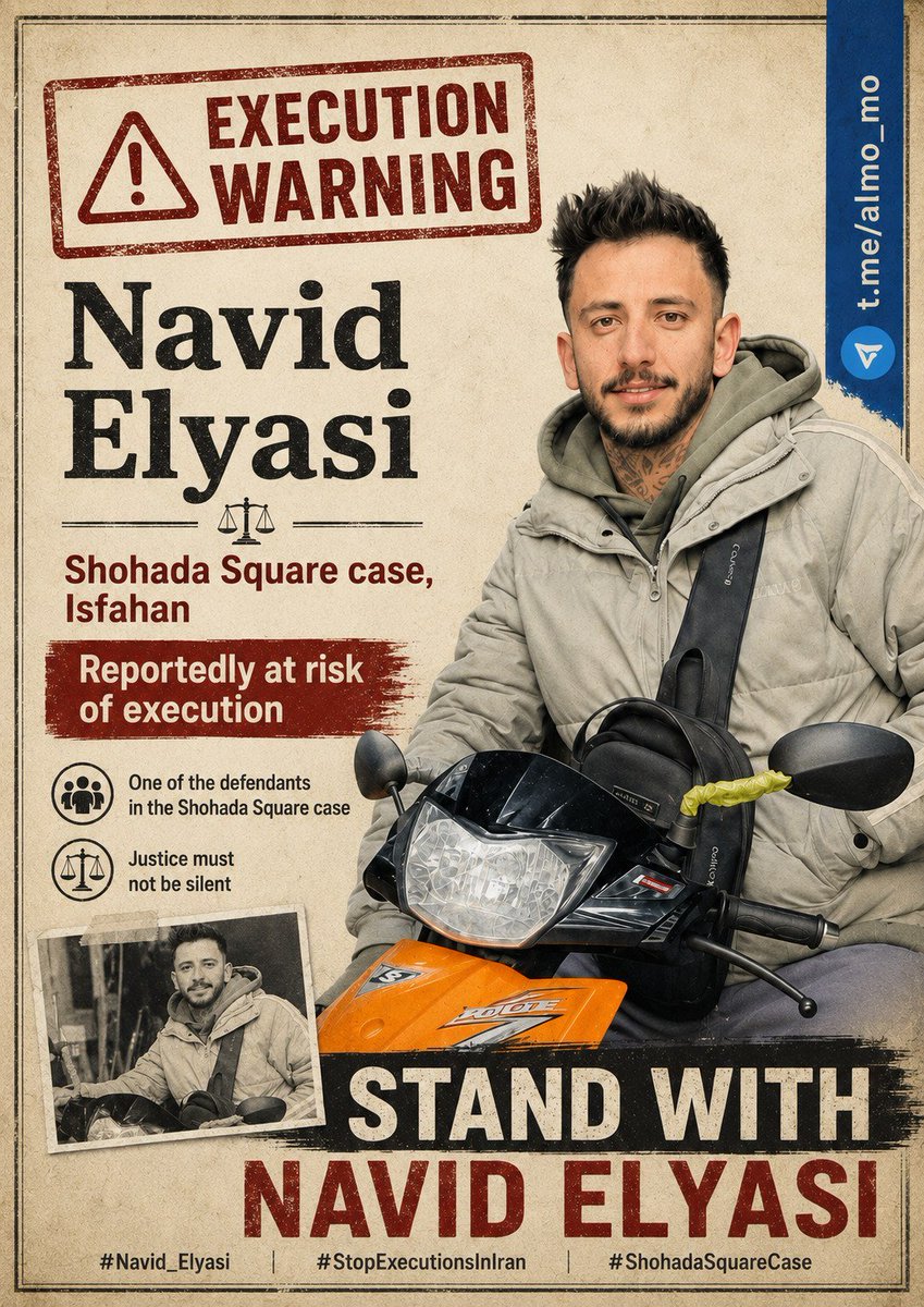 IRAN20261404's tweet photo. Navid Elyasi faces judicial proceedings whose secrecy should alarm every defender of justice. The risk is not abstract when prosecutors use charges that can carry the death penalty. Intervene before tragedy. @CNN @POTUS #Navid_Elyasi #ShohadaSquareCase #StopExecutionsInIran https://t.co/zXDP40RO1G