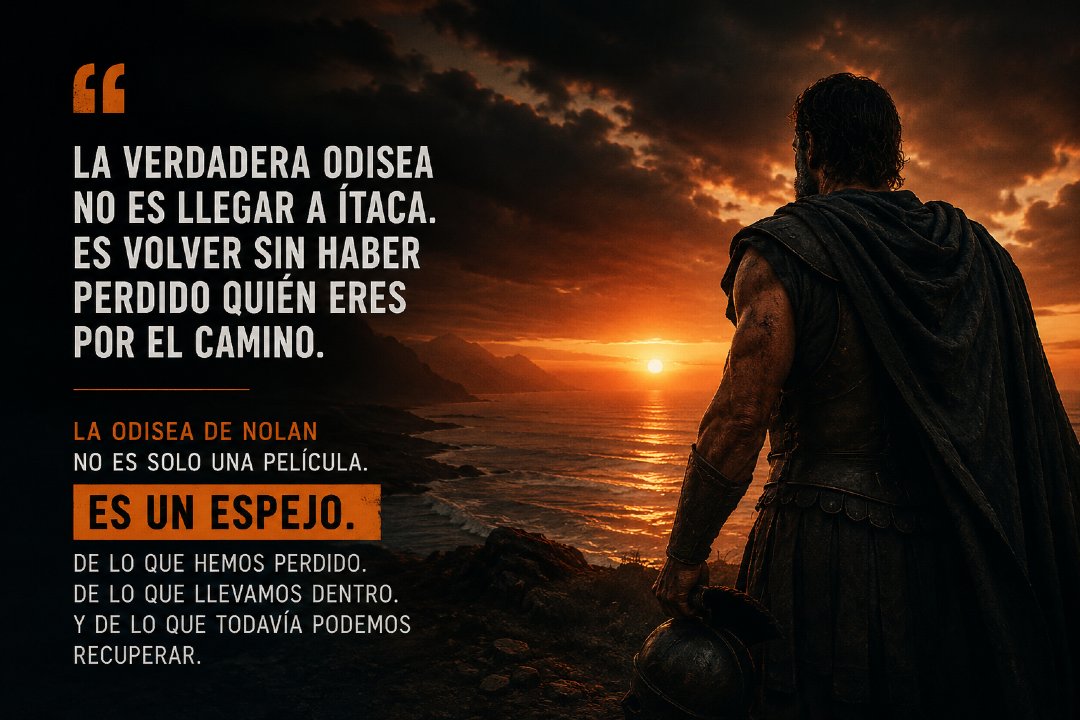 Ignacionovo's tweet photo. Hace unos días vi La Odisea, de Christopher Nolan, y desde entonces hay una idea que no ha dejado de acompañarme.
Siempre había pensado que el libro original trataba sobre un hombre que luchaba por regresar a casa.
Ahora creo que habla de algo más profundo.
De alguien que intenta volver sin perderse definitivamente por el camino.
Porque hay viajes que dejan cicatrices. Hay dolores que nos cambian. Hay pérdidas que nos obligan a convertirnos en otra persona para poder seguir adelante.
Y, a veces, cuando por fin llegamos al lugar al que tanto deseábamos regresar, descubrimos que quien llama a la puerta ya no es el mismo que un día se marchó.
Quizá todos llevamos una Ítaca dentro.
No solo como un lugar al que volver, sino como esa parte de nosotros que quedó atrás mientras intentábamos sobrevivir.
Tal vez la verdadera odisea no consista únicamente en cruzar océanos, vencer monstruos o resistir tormentas.
Tal vez consista en recorrer el único camino que nunca aparece en los mapas:
el que nos permite reencontrarnos con nosotros mismos.