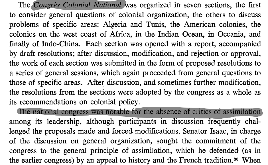 posta_octavian's tweet photo. Yea, it's NATIONALISTS who tried to "unite Europe with Africa".

Between 1848 and 1962, Algeria was an official part of France, rather than a colony. French nationalists genuinely planned to assimilate the Algerians and turn them into Frenchmen. Critical voices were actually shut down. (see pics below). Portugal pursued similar policies. 

Meanwhile it was always the monarchical, aristocratic forces like Napoleon III who thought it was a terrible idea. Likewise, the aristocratic British Empire was completely uninterested in assimilation.

Nationalism doesn't just posit "every nation should have a state" but also "a state's people is its nation". It is a homogenising tendency that tries to fight difference and diversity within its territory to rule it more effectively. French nationalists killed Occitan, Catalan, Alsatian, Breton, etc. Hitler planned to assimilate Poles. Don't think that nationalism is the same as nativism, because they are not. 

For a French nationalist, Martinique and Mayotte are 100% fully French and Belgium is some random foreign country. That's what nationalism means. This is why the far-right in France calls itself identitarian and NOT nationalist.
