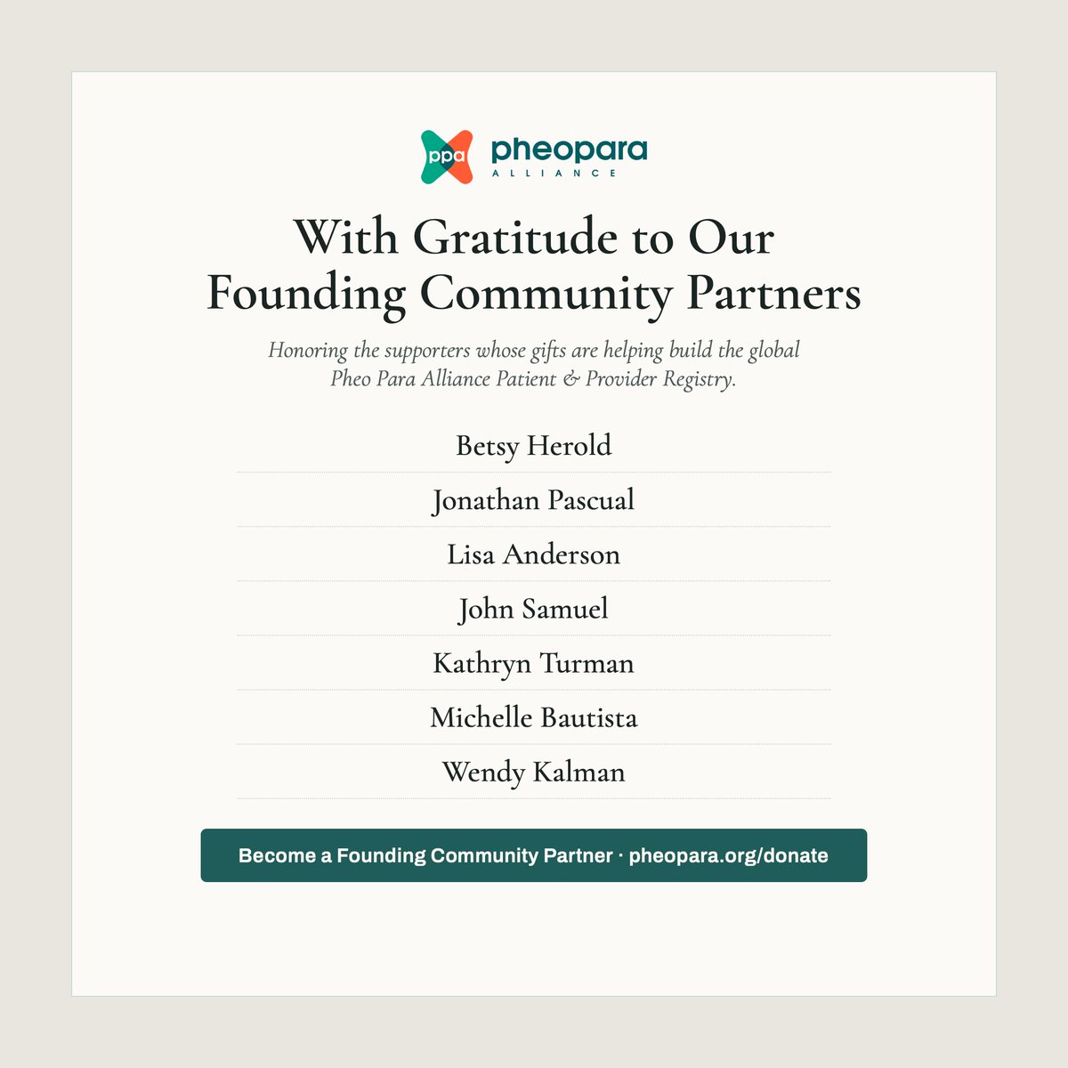 PheoPara's tweet photo. Our Founding Community Partners got us started — now we need you. 💙 Help build the global PPA  Patient &amp; Provider Registry to speed research &amp;  improve care for all facing #pheo #paraganglioma #PPGL. Every gift counts. 
#RareDisease #PatientRegistry
👉https://t.co/mTvHBDcGgC https://t.co/Z2frdvgioO