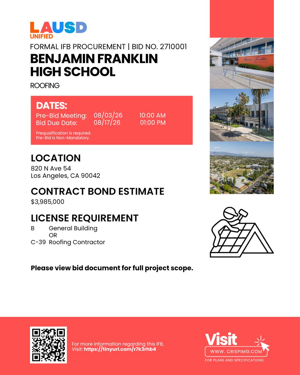 LAUSDpsd's tweet photo. 🔨🏠 Now Bidding: Benjamin Franklin High School – Roofing | Formal IFB Procurement (Bid No. 2710001)

Visit the link in our bio to view full plans and specifications! (https://t.co/L8Y9oUYYVf)

#LAUSD #PublicWorks #ConstructionBid #GeneralContractor #RoofingContractor #Roofing https://t.co/9jObEF1wiB