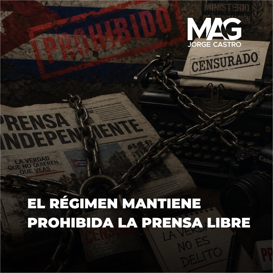 MagJorgeCastro's tweet photo. ⚠️⚠️Régimen mantiene prohibido el periodismo libre en Cuba

El régimen cubano publicó este 28 de julio el Decreto 160/2026, que reduce de 125 a 79 las actividades prohibidas o condicionadas al sector privado. 

La apertura llega a sectores como la minería, la energía y determinados servicios profesionales, pero mantiene expresamente fuera al periodismo independiente.

La norma prohíbe a los actores privados ejercer actividades periodísticas, crear agencias de noticias y operar medios privados de radio y televisión. El régimen flexibiliza negocios, pero preserva su monopolio sobre la información.

Por eso, gracias a cada periodista independiente que continúa trabajando bajo censura, amenazas y represión.

Gracias a cada cubano que saca su teléfono para documentar una protesta, un apagón o aquello que el poder quiere esconder.

Nos tienen miedo porque contamos la verdad.

Aquí está la prensa independiente. Aquí está el periodismo libre. Y aquí seguirá.