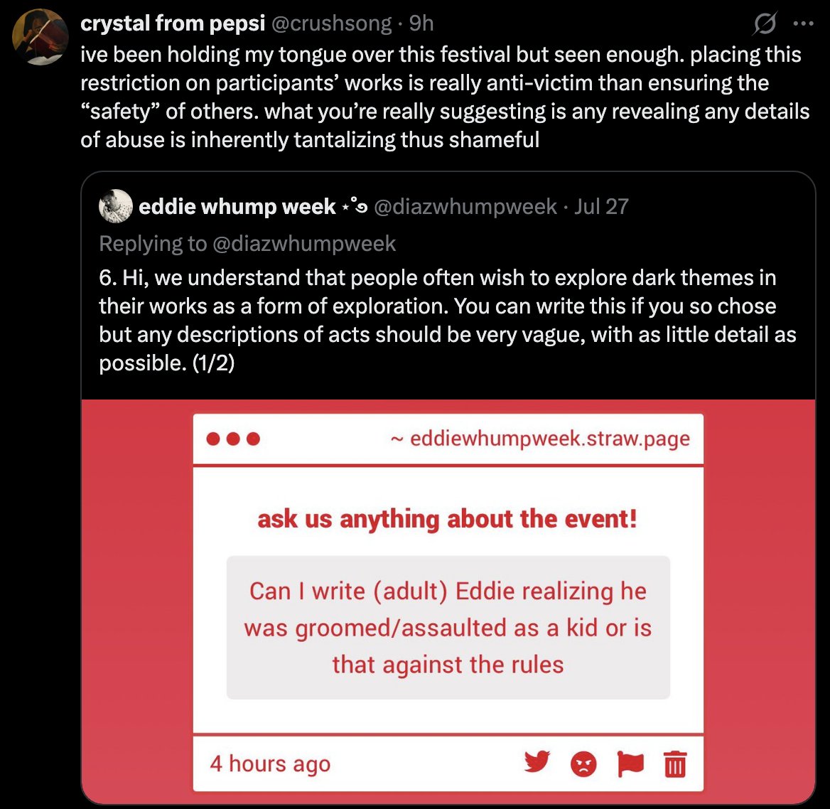 nineinchdove's tweet photo. I don't know how to get it through your guys heads—banning EXPLICIT rape, casm, and anything along the lines is not "anti-victim" and the fact you think me banning it from the event is me referring to such vile, disgusting acts as "tantalizing" is very fucking offensive+ https://t.co/gibSbApxkr