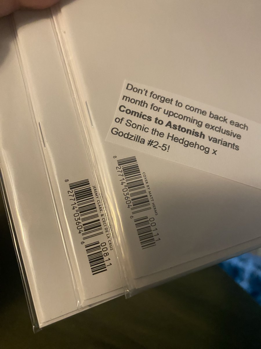 MikeOstRVA's tweet photo. @incepsean @Comics2Astonish @nickmarino @FrackDeals @IDWPublishing @IDWSonicNews @Godzilla_Toho Anybody else get a white cover sheet over some of their exclusives? I've not seen this before but two of them have a card-stock outer layer with barcode on the front and the virgin variant I have has the barcode on the back (cool detail). https://t.co/uN74d2Oga0
