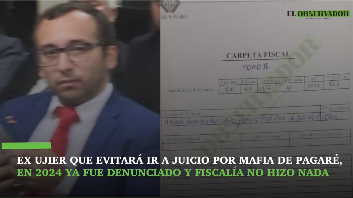 observapy's tweet photo. 🟩Ex ujier que evitará ir a juicio por mafia de pagaré, en 2024 ya fue denunciado y Fiscalía no hizo nada

🟩El ex ujier del Juzgado de Paz de La Encarnación, Alfredo Benítez, quien será beneficiado con la suspensión condicional del procedimiento en el caso mafia de pagarés, en mayo de 2024 ya fue denunciado ante el Ministerio Público por falsear notificaciones, que al parecer es la especialidad del exfuncionario judicial. Sin embargo, la investigación penal en el Ministerio Público contra Benítez nunca avanzó.

🟩NOTA: https://t.co/lkvGOTxg7A