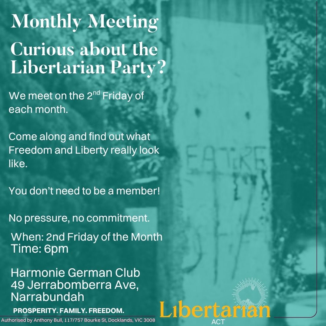 libertarianact's tweet photo. There's a piece of the Berlin Wall outside a pub in Narrabundah.
That's where we meet.
Come have a conversation about freedom. No membership needed, no pressure.
π Harmonie German Club | 2nd Friday of each month, 6pm
#LibertarianACT #Canberra #Freedom #ACTPolitics https://t.co/jhcCcc5XnA