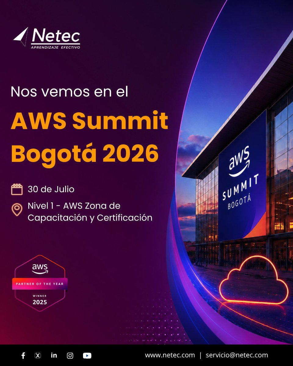 netec's tweet photo. 📢 ¡Nos vemos en el #AWSSummit Bogotá este 30 de julio!
🏆 Reconocidos por AWS como Training and Certification Partner of the Year 2025 para Latinoamérica.
📍 Visítanos y conversemos sobre cómo impulsar la adopción de AWS en tu organización.
#Netec #AWS https://t.co/6F7A2a6VBM