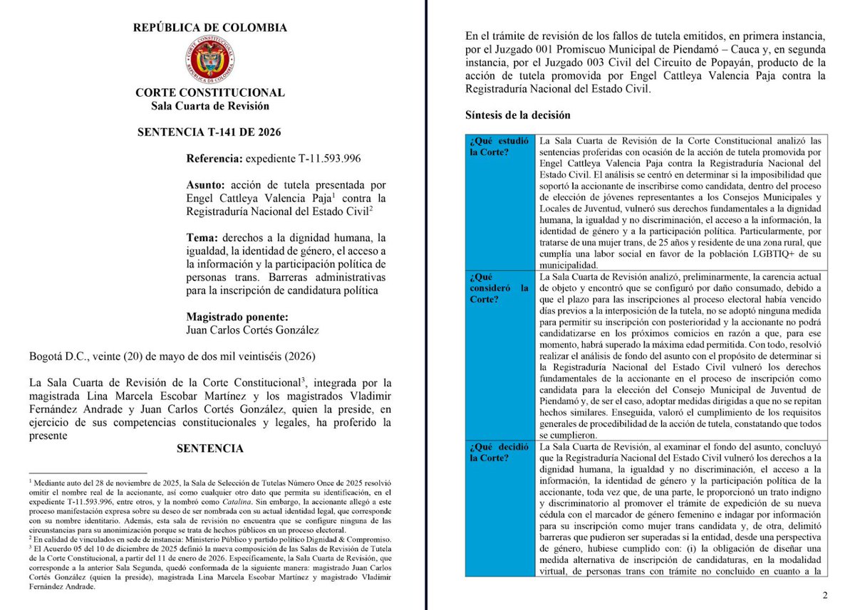 ff_abogados's tweet photo. 🧵
1/3
🔴No fue una decisión política. Fue una barrera administrativa. La Corte Constitucional concluyó que una mujer trans no pudo inscribirse como candidata al Consejo Municipal de Juventud porque la plataforma de la Registraduría no reflejaba correctamente su identidad de género. La Sentencia T-141 de 2026 explica por qué esto constituyó una vulneración de derechos fundamentales.

Aunque las elecciones ya se habían realizado y no era posible ordenar su inscripción, la Corte estudió el caso porque encontró un problema de fondo: barreras administrativas, deficiencias en el acceso a la información y un trato incompatible con el respeto a la identidad de género durante el trámite.

#CorteConstitucional #IdentidadDeGénero #FranciscoFajardoAbogados