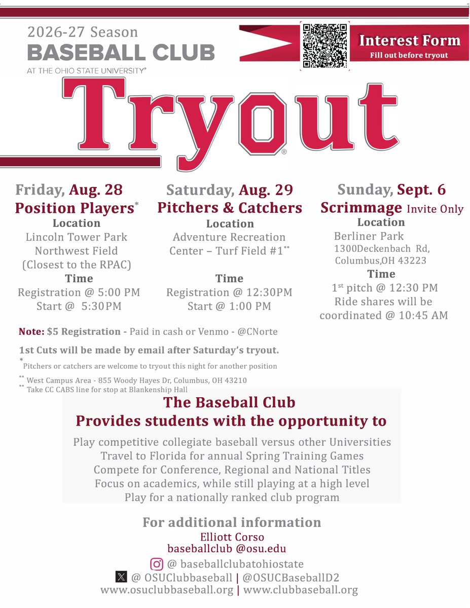 OSUClubBaseball's tweet photo. ⚾️ Want to continue your baseball career?
🏅 Interested in joining a student org?
🌎 Want to travel the U.S.?
🔗 Join the Baseball Club Program!
✍️ Fill out our tryout interest form: https://t.co/9dIzBQamUA
#new2osu #OSU @osurec @StudentLifeOSU https://t.co/oquZmXF2ib