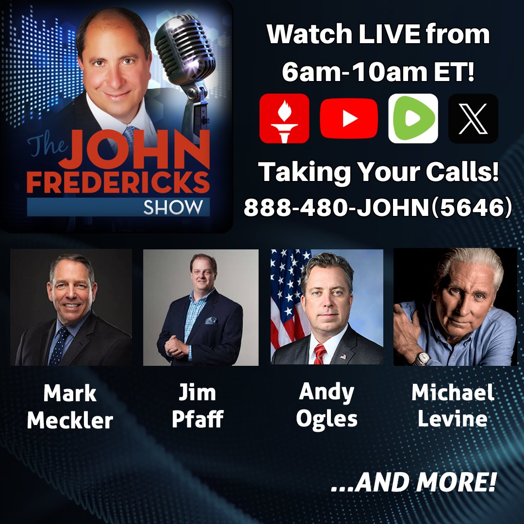 jfradioshow's tweet photo. #JFRS #WEDNESDAY #GodzillaOfTruth #LIVE
6:00 AM - 10:00 AM ET | LINE-UP - Watch Live at https://t.co/PKkmw24m7E
7:35 AM ET @MarkMeckler
8:05 AM ET @jimpfaff
8:35 AM ET #MichaelLevine
9:00 AM ET @RepOgles
9:00 AM ET @GAPeachCrew @1stvcgagop @hollykesler #jackieharling #celestinejames
9:05 AM ET @bobbarr
9:35 AM ET @Jim_Tully
Taking Your Calls!!! 888-480-JOHN (5646)
Download the APP at:
https://t.co/x73b5KViMQ
Stream Live on #GettrLIVE @jfradioshow
https://t.co/EymSgYmtb2