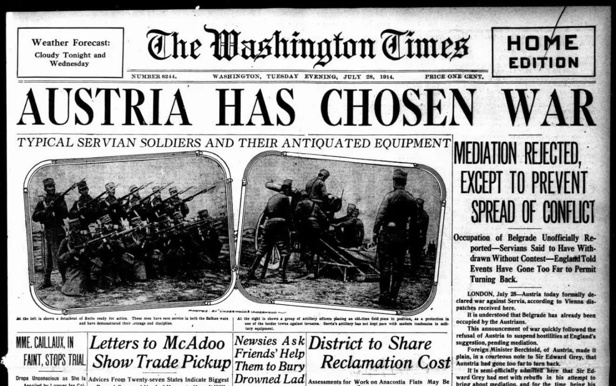 infantrydort's tweet photo. July 28, 1914: Austria-Hungary declares war on Serbia. World War I starts. The high water mark of European empire. And the beginning of a decline that the continent still hasn’t escaped. https://t.co/Mbd8GFx0zs