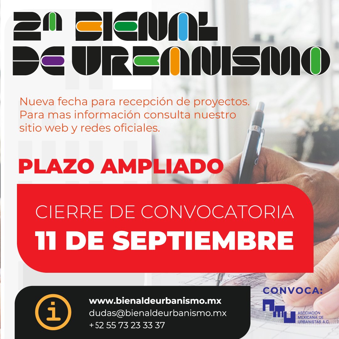 amu_mx's tweet photo. 📣 Actualización importante
Ampliamos la fecha de inscripciones y entrega de materiales de la II Bienal de Urbanismo de México 2026.
🗓️ Nueva fecha límite: 11 de septiembre de 2026.

🌎 Participación gratuita para proyectos de América Latina y el Caribe.

 #Urbanismo #Planeación https://t.co/WsRNWVTnGm
