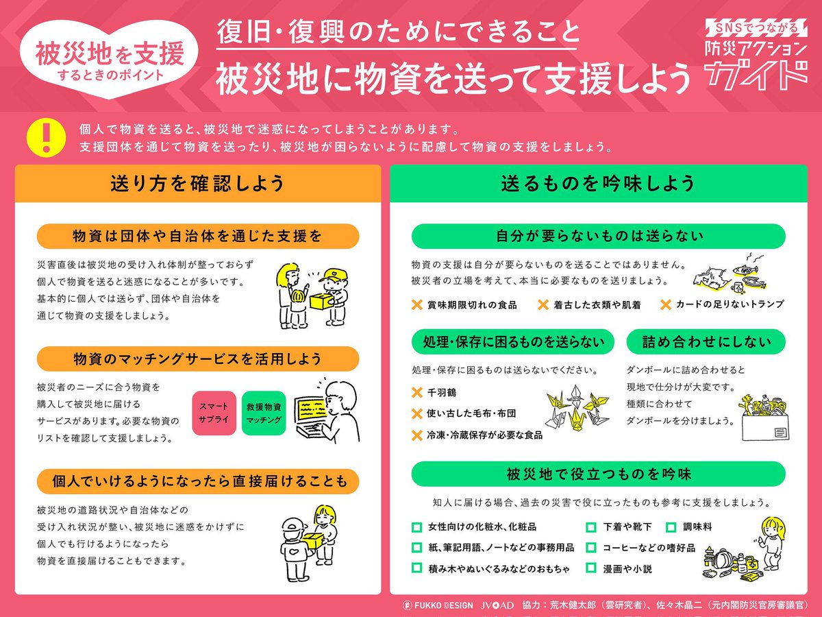 arakencloud's tweet photo. 「熊本地震被災地のために何かできないか」とお考えの方へ。
災害直後は受け入れ体制が整っておらず、個人で物資を送ると迷惑になります。自分が要らないもの、処理や保存に困るものは送ってはいけません。物資は支援団体や自治体を通して支援を。ボランティアも受け入れ体制が整ってからお願いします。支援金や義援金をはじめ、離れていてもできる支援があります。
そのときの被災地の状況やご自身に合った方法で、無理なくできる支援をご検討ください。