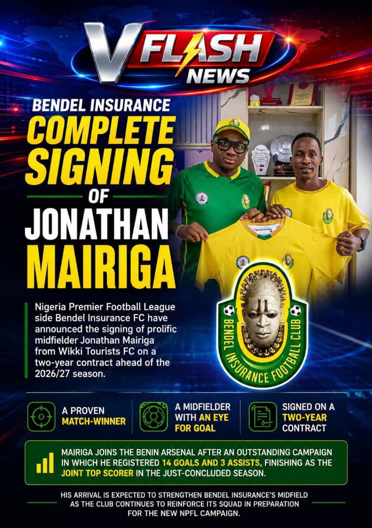 vflashnews's tweet photo. New midfield maestro in Benin City! Jonathan Mairiga joins Bendel Insurance⚡️
#bendelinsurance
#Npfl 
#football
#beninarsenal https://t.co/mERoSH7VhD