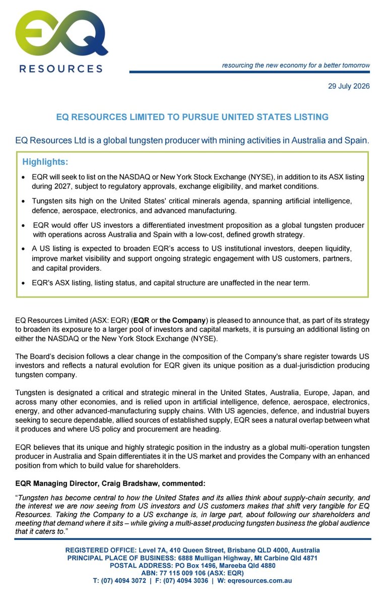 Fibonazzo's tweet photo. EQ RESOURCES LIMITED TO PURSUE UNITED STATES LISTING

$EQR.AX #Tungsten https://t.co/XVMf4gcDJy