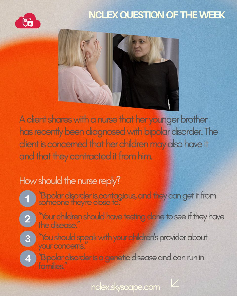 SkyscapeInc's tweet photo. Test your knowledge: answer this week’s #NCLEXQOW
For the correct answer and rationale, see the link in the first comment
#nclex #nursing #nclexqowskyscape #nurse #nurseeducator #nclexskyscape #futurenurse #nursingschool #nclexprep #QuestionOfTheWeek #studentnurse https://t.co/vfY8fn2Ft2