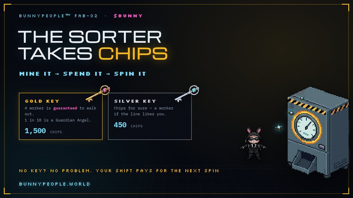 BunnypeopleRH's tweet photo. THE SORTER NOW TAKES CHIPS 🐰

No key? 
Buy one with the chips you mined.

The loop is live: https://t.co/qvwHlVlOIh