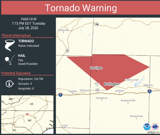 Daviddakuma's tweet photo. Tornado Warning continues for Burlington NC, Glen Raven NC and  Ossipee NC until 7:15 PM EDT https://t.co/K52DKhYN3l