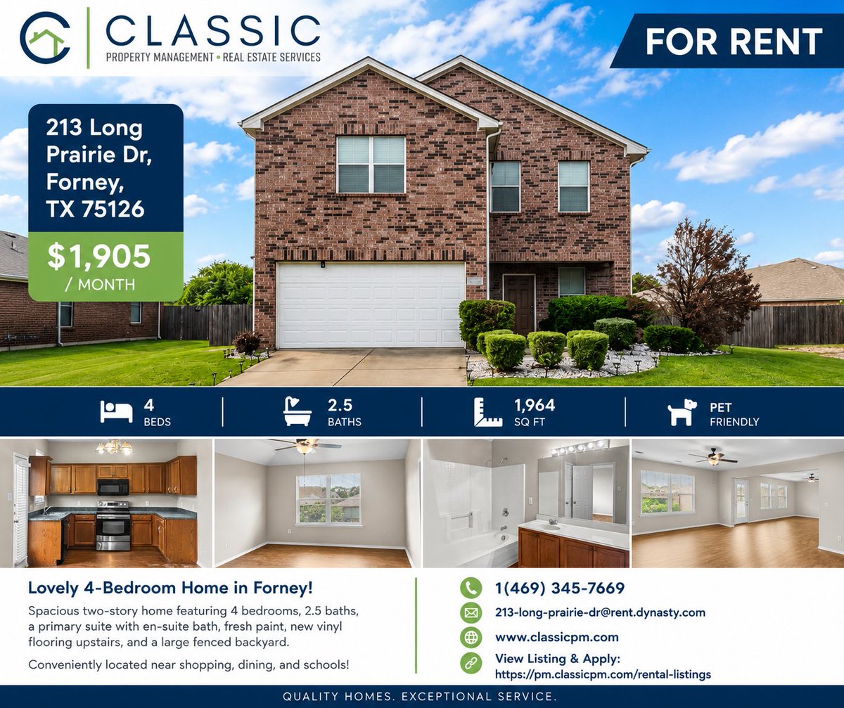 ClassicAAMC's tweet photo. 🏡 Now Available for Rent in Forney, TX!

Looking for a spacious home with room to grow? Check out this beautiful 4-bedroom, 2.5-bath home located at 213 Long Prairie Dr., Forney, TX 75126!

✨ Property Features: 
🏠 4 Bedrooms
🛁 2.5 Bathrooms
📐 1,964 Sq. Ft.
🐾 Pet Friendly
🌳 Large fenced backyard
🎨 Fresh interior paint
✨ New vinyl flooring upstairs
📍 Conveniently located near 
      shopping, dining, and schools

💲 Only $1,905 per month

📞 Schedule a tour today: 
     (469) 345-7669
📧 Email: 213-long-prairie-dr@rent.dynasty.com

🌐 View Listing & Apply: https://t.co/Xj2WIegUF5
🌐 Website: https://t.co/OcQ9WJt0XK

Classic Property Management® – Serving the Dallas-Fort Worth Metroplex with quality rental homes since 1987.

#ForneyTX #ForRent #DFWRentals #RentalHome #TexasHomes #ClassicPropertyManagement #MoveInReady #HouseForRent #PetFriendly #DFWRealEstate