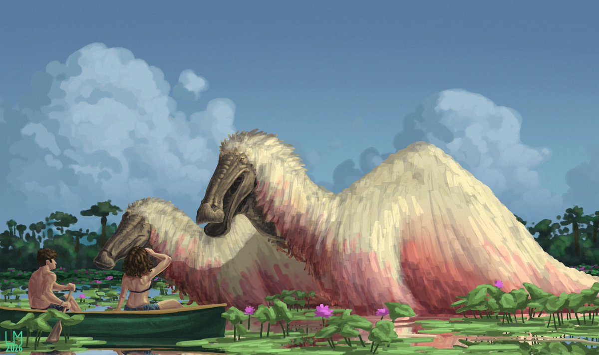Lmacrothorax's tweet photo. I'm sad we never met, but I'm happier you never met us.

I wanted this peace to depict what your average interaction would be between a being from a distant time and how in these few peaceful moments we can co-exist without greedy humans taking advantage of them.

#deinocheirus https://t.co/hrYc11bHws
