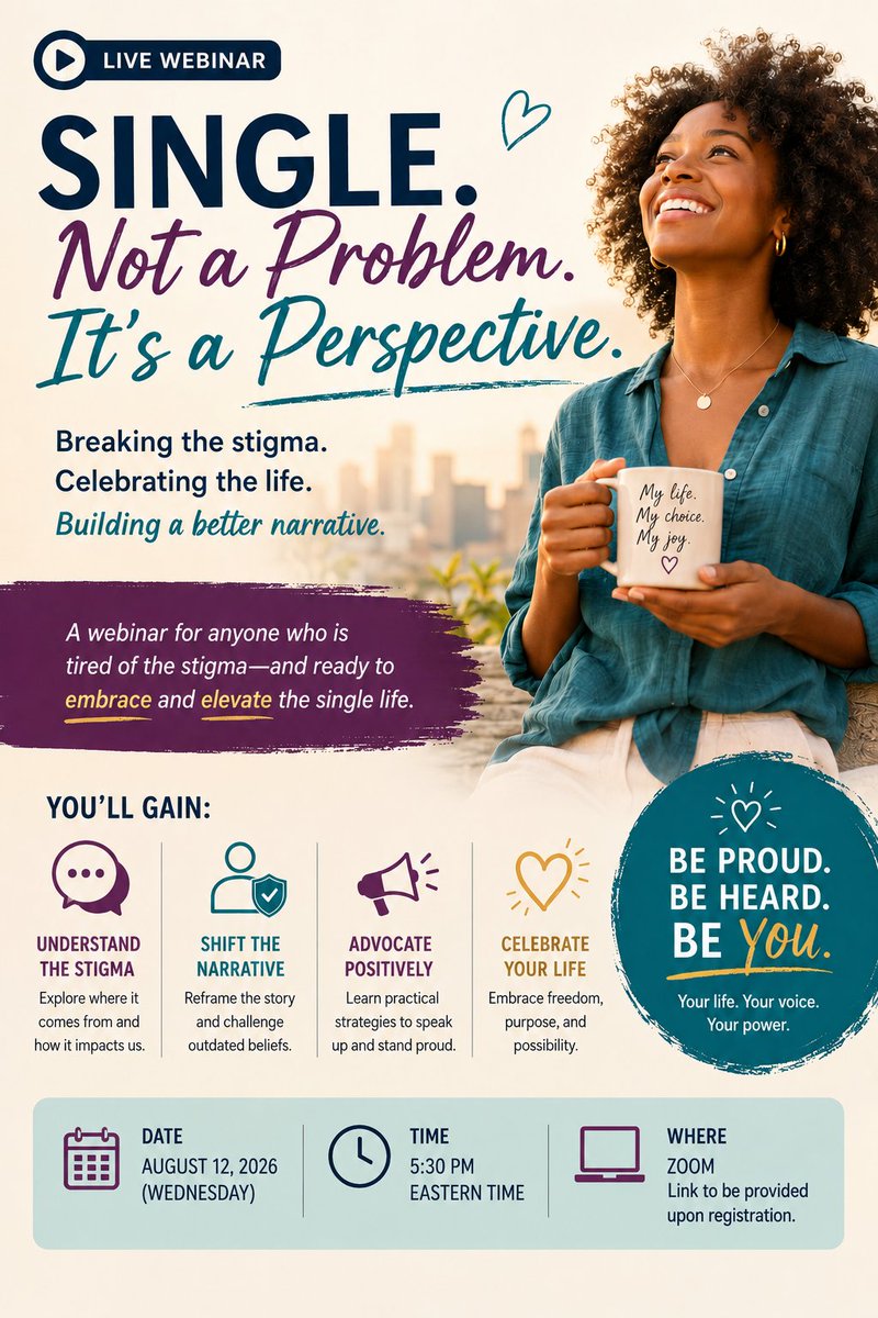 SinglesEquality's tweet photo. Join us Aug 12 5:30 Eastern for a webinar celebrating singlehood and learn how to advocate for your single lifestyle. Link to register is in the comments. #SingleAtHeart #singlism #HappilySingle #LivingSolo @BellaDePaulo @PeterMcGraw https://t.co/yijwTr7wAB