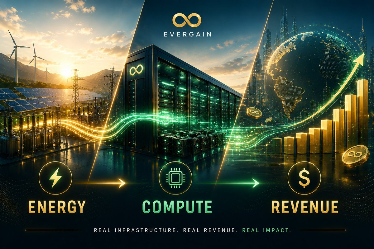 Evergaincoin's tweet photo. What happens when energy becomes compute?
Energy capacity powers GPU infrastructure.
GPU infrastructure serves AI companies.
AI compute generates revenue.
Revenue flows into the Evergain Treasury.
That's the model we're building. https://t.co/nolSqjzKA2