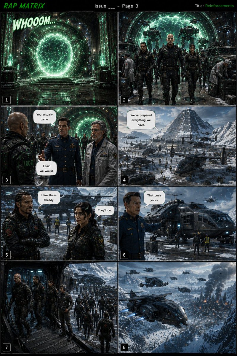 locdasmoke's tweet photo. RAP MATRIX Chronicles: Reinforcements (Page 3)
A promise made beneath an ancient pyramid...
A promise kept.
The Pathfinder Corps has returned to Elysara, and this time they didn't come as explorers...
They came as allies.
🟢🔴
#RAPMatrix #RAPMatrixChronicles #Reinforcements #PathfinderCorps #Loc01 #SciFi #GraphicNovel #Cyberpunk #WorldBuilding #Alliance @ToshiArte @neveils_david_c @Delerat7