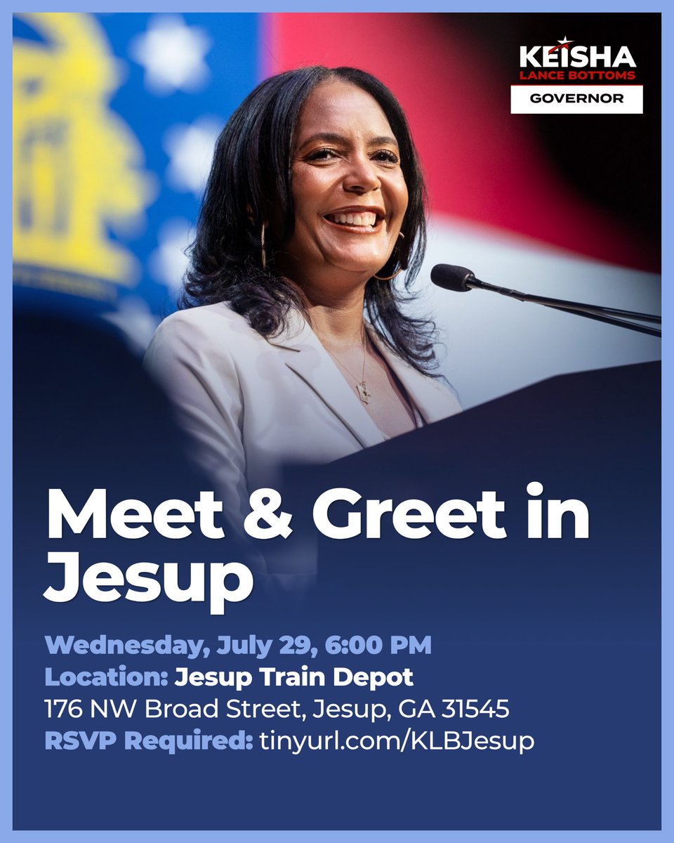 KeishaForGA's tweet photo. Keisha’s Southeast Georgia Health Care tour launches tomorrow! See you in Jesup for our meet and greet at 6:00 PM. 

RSVP here: https://t.co/7cqemGAyXx https://t.co/A3bXigN89k
