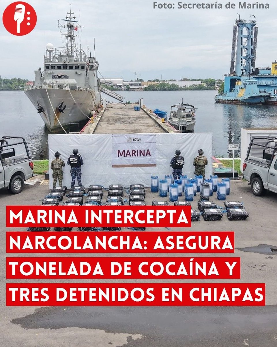ReporterosMX_'s tweet photo. ⭕️ OJO | MARINA INTERCEPTA NARCOLANCHA EN EL PACÍFICO: ASEGURA TONELADA DE COCAÍNA Y TRES DETENIDOS EN CHIAPAS 

Elementos de la Secretaría de Marina (@SEMAR_mx) aseguraron una embarcación que transportaba aproximadamente 1.14 toneladas de cocaína, además de 840 litros de combustible y dos radiobalizas, en un operativo de vigilancia marítima realizado frente a las costas de Chiapas. https://t.co/UXPylzRly2