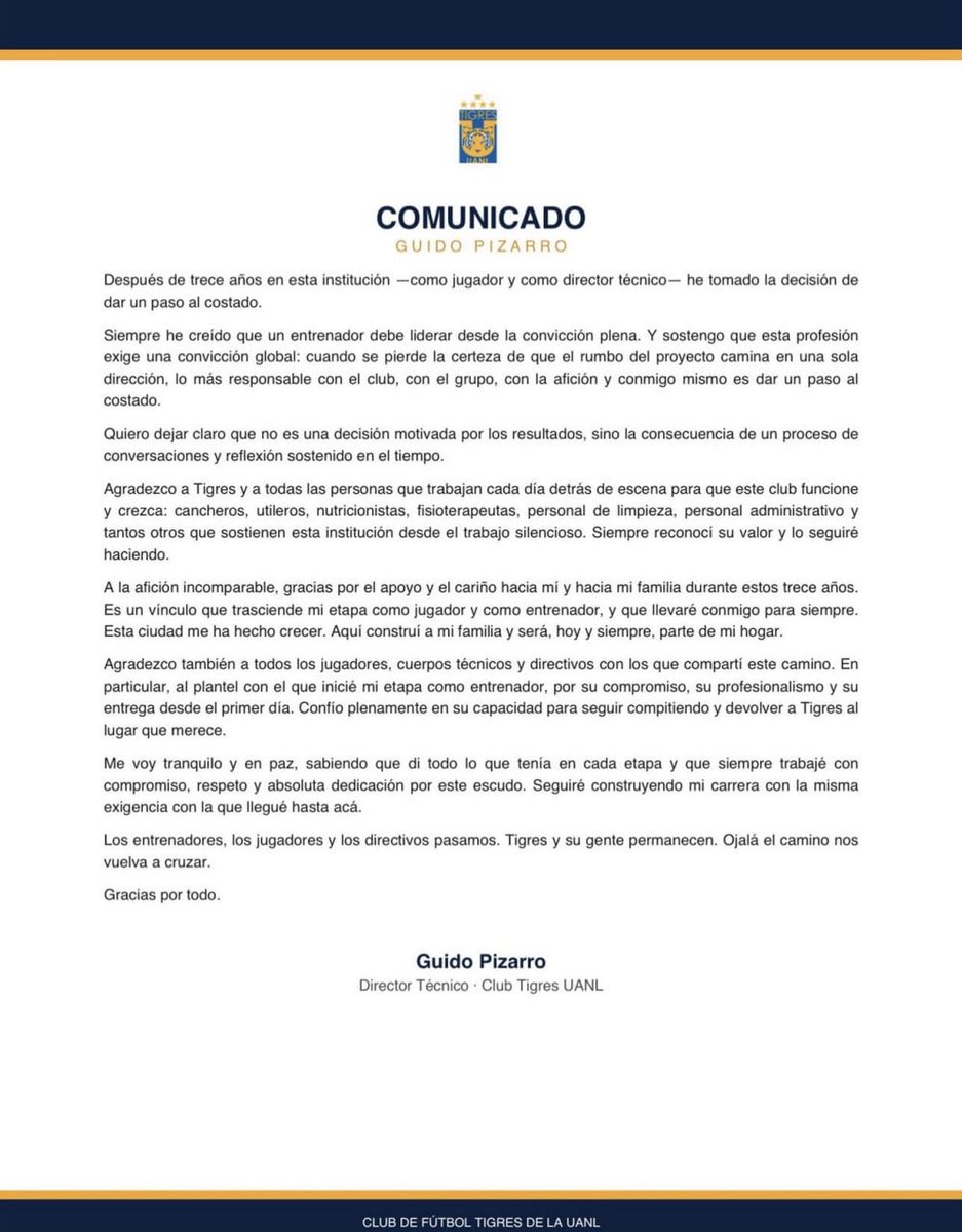 rotativodemex's tweet photo. 🚨 ¡Sorpresa en la Liga MX! Guido Pizarro renunció como director técnico de Tigres por motivos personales. El argentino aseguró que su decisión no fue por los resultados, sino por convicción sobre el proyecto. #Tigres #LigaMX #GuidoPizarro https://t.co/8NWN6ZjTBZ