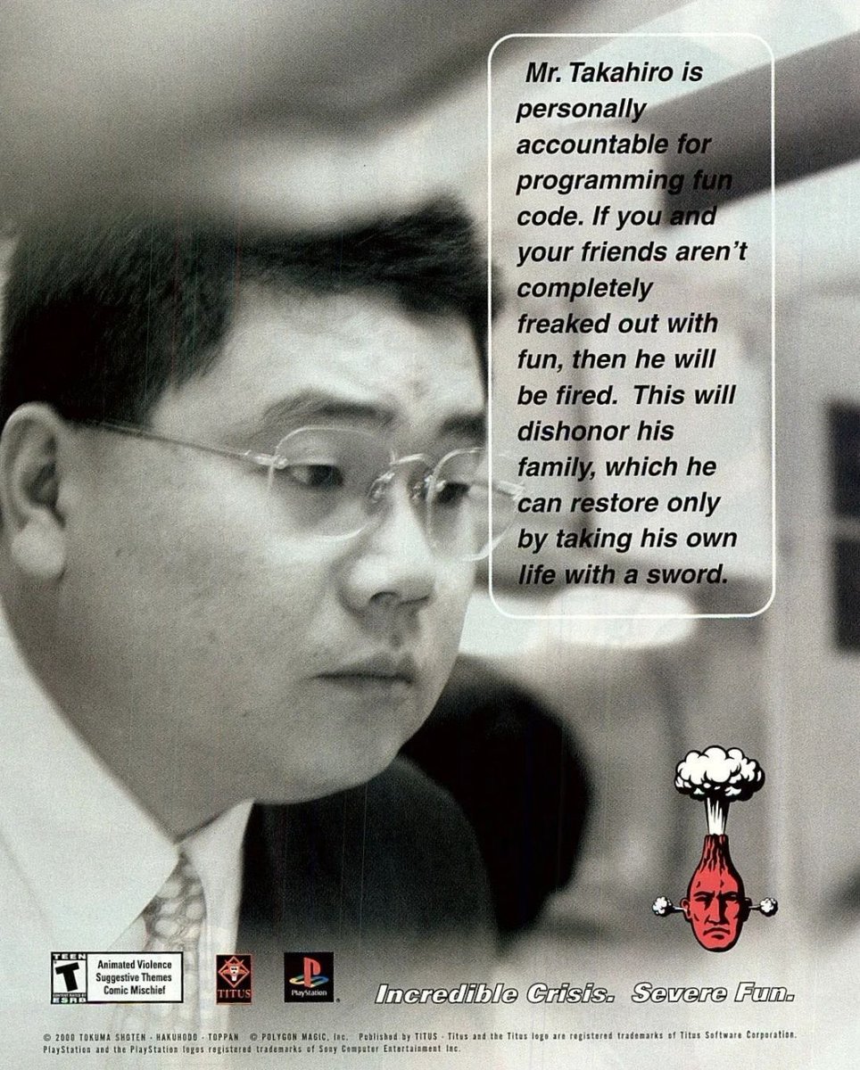 PolyDepression's tweet photo. “Incredible Crisis” print ad from 2000 telling players to buy the game or else their technical director is going to kill himself https://t.co/67kqSOKkMi