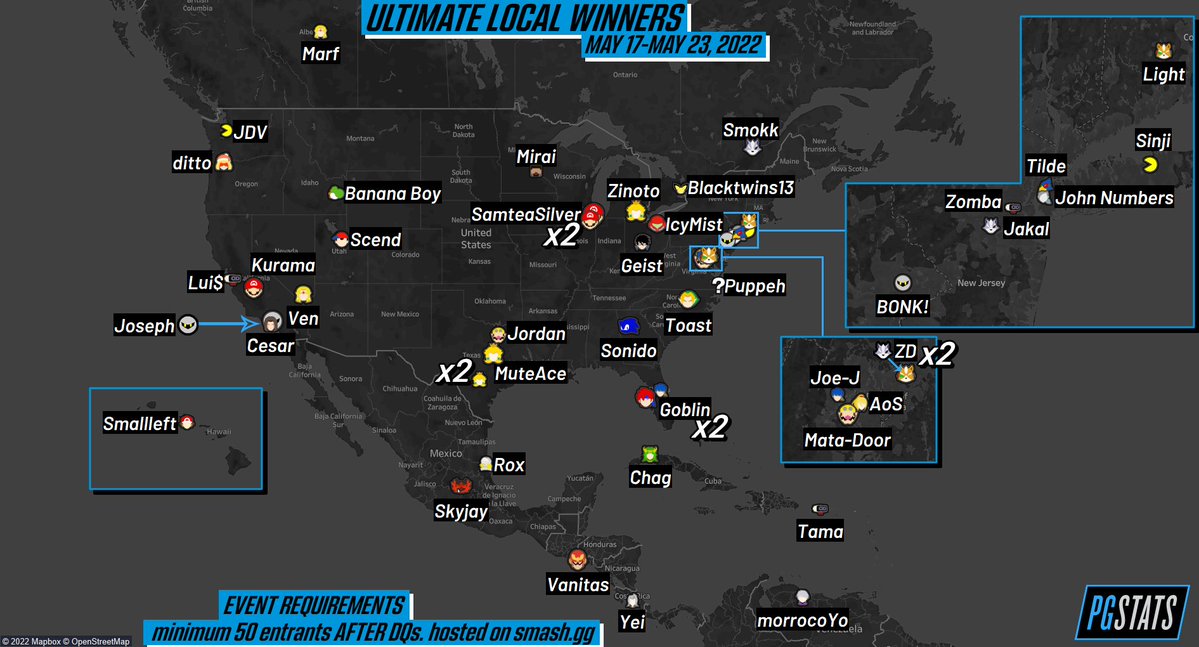 Statsfall's tweet photo. @cheese_capo PGStats map had a 50 entrant minimum. I modeled it after that one. 

I'll probably still bump down the minimum a bit next week though. https://t.co/oS7RnYlkaX