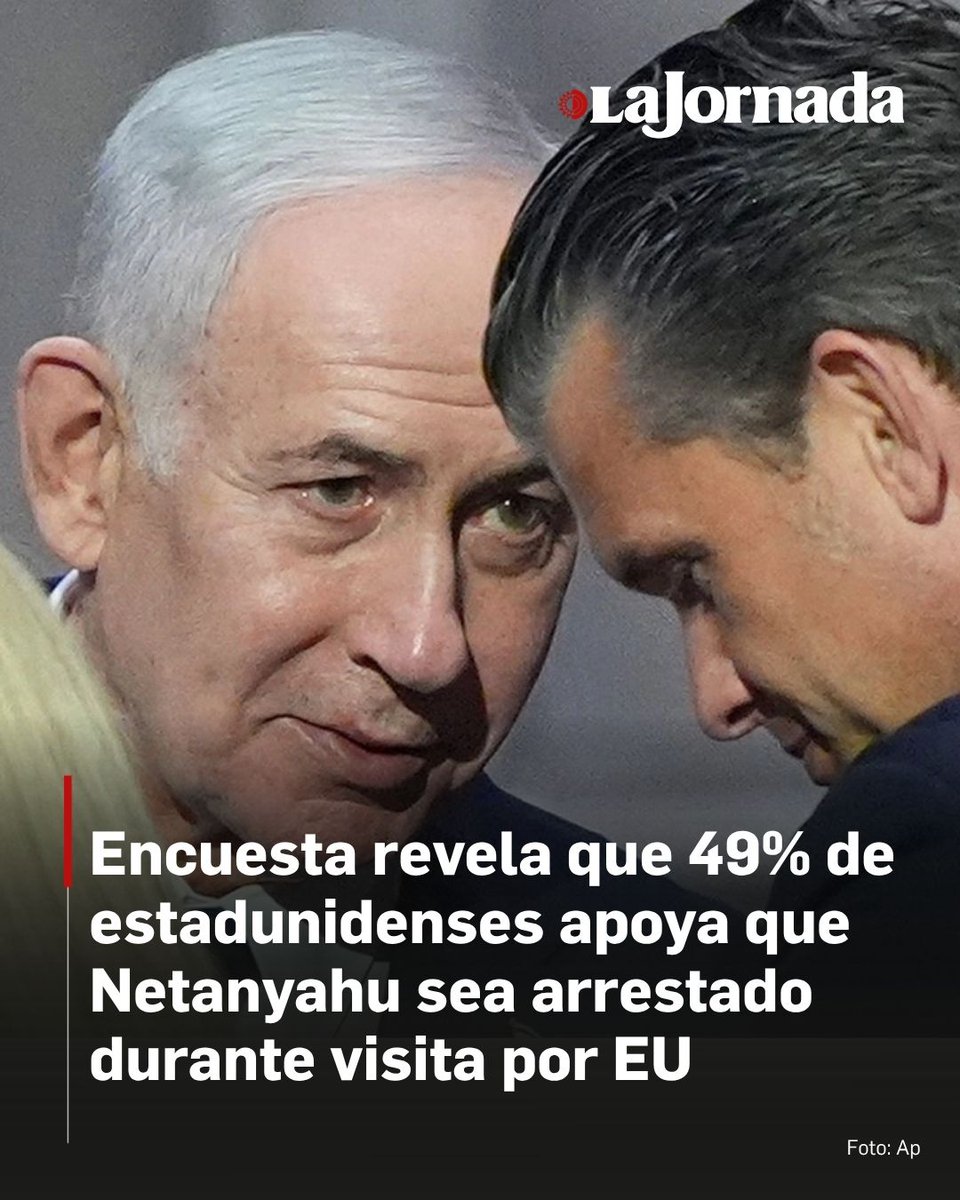 lajornadaonline's tweet photo. 🇺🇸  🇮🇱 Casi la mitad de los estadunidenses (49%) cree que las fuerzas del orden de su país deberían arrestar al primer ministro israelí y prófugo de la CPI, Benjamin Netanyahu, durante su visita al país, de acuerdo con nueva encuesta, reportó Haaretz.

La encuesta de The Economist/YouGov reveló que 74% de los votantes que apoyaron a Kamala Harris en las elecciones presidenciales de 2024 respaldan el arresto de Netanyahu.

Lee más aquí 👇
https://t.co/QF2zQg01qN