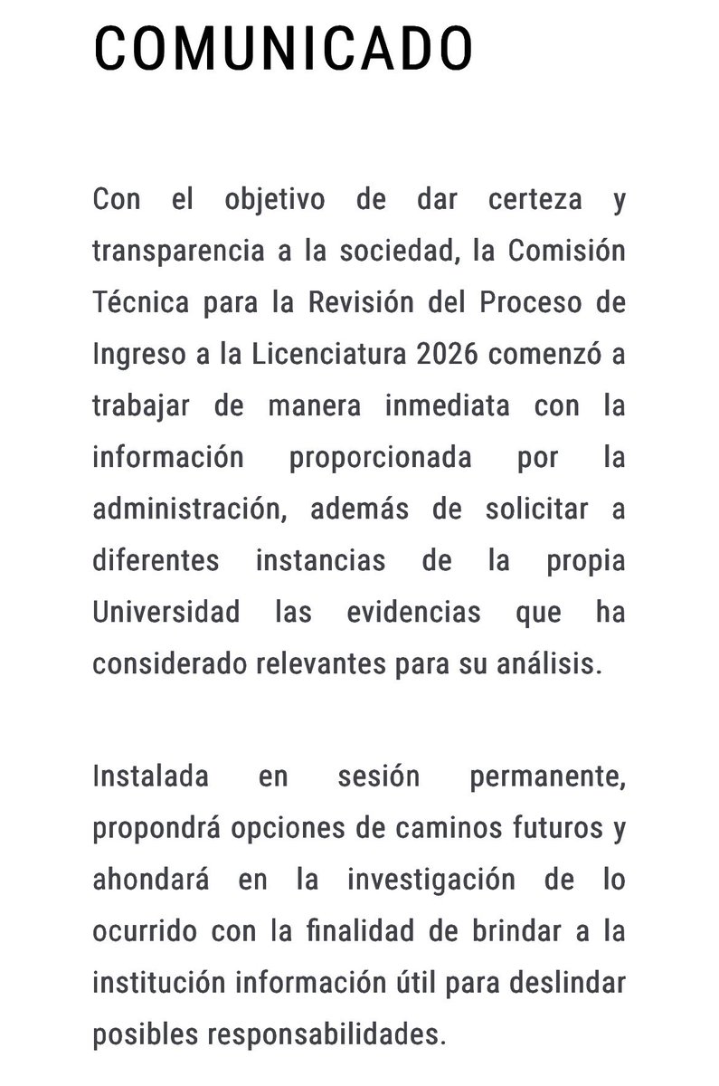 DatosDuros_'s tweet photo. #ultimahora 🚨 
Comunicado de la @UNAM_MX 
📲: Consciente de la urgencia, esta misma semana la Comisión formulará una recomendación para que el proceso de ingreso 2026 se apegue a los principios de inclusión y equidad, así como a la ética y a los valores propios de nuestra Universidad.

#unam #UNAMAdmision #admision2026 #UNAMAdmision #UNAM