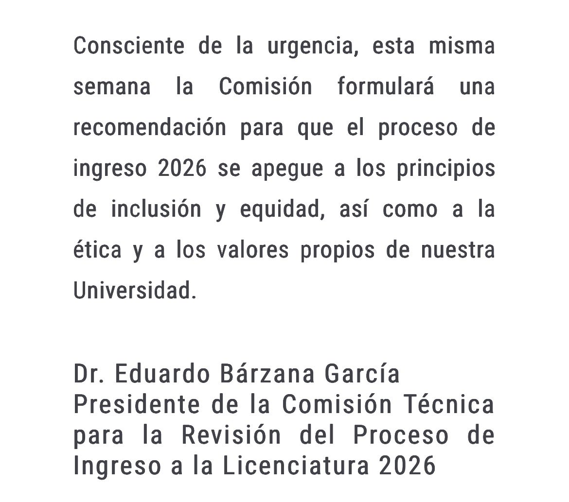 DatosDuros_'s tweet photo. #ultimahora 🚨 
Comunicado de la @UNAM_MX 
📲: Consciente de la urgencia, esta misma semana la Comisión formulará una recomendación para que el proceso de ingreso 2026 se apegue a los principios de inclusión y equidad, así como a la ética y a los valores propios de nuestra Universidad.

#unam #UNAMAdmision #admision2026 #UNAMAdmision #UNAM