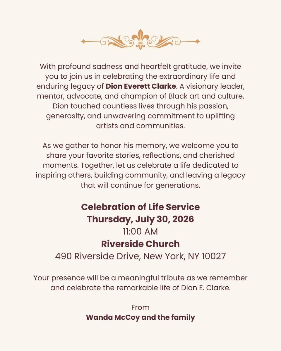 harlemfinearts's tweet photo. In Loving Memory of Dion Everett Clarke 🕊️

Celebration Of Life Thursday 7.30.26
Riverside Church Harlem, NY

Here is the live stream link for people who cannot attend -  https://t.co/jiIcgYmo2E https://t.co/lpAiE6fxQ5