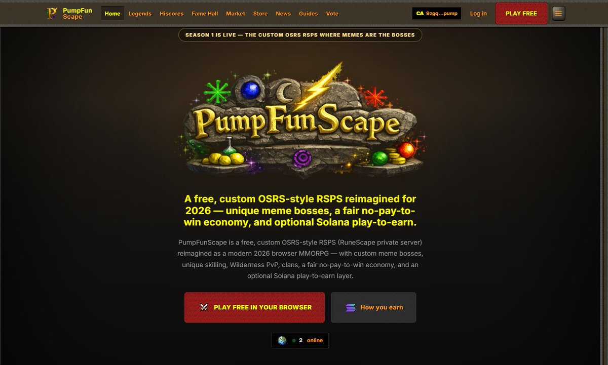 PumpFunScape's tweet photo. 🌐 New PumpFunScape site is live.

Hiscores, Fame Hall, Market, Store, Guides and News — all in one place, all rebuilt.

One click to play. No download, no launcher, straight into the game.

▶️ https://t.co/MfYJ5oCB30

$PSCAPE #RSPS #OSRS #Solana https://t.co/XYxmHJQtea