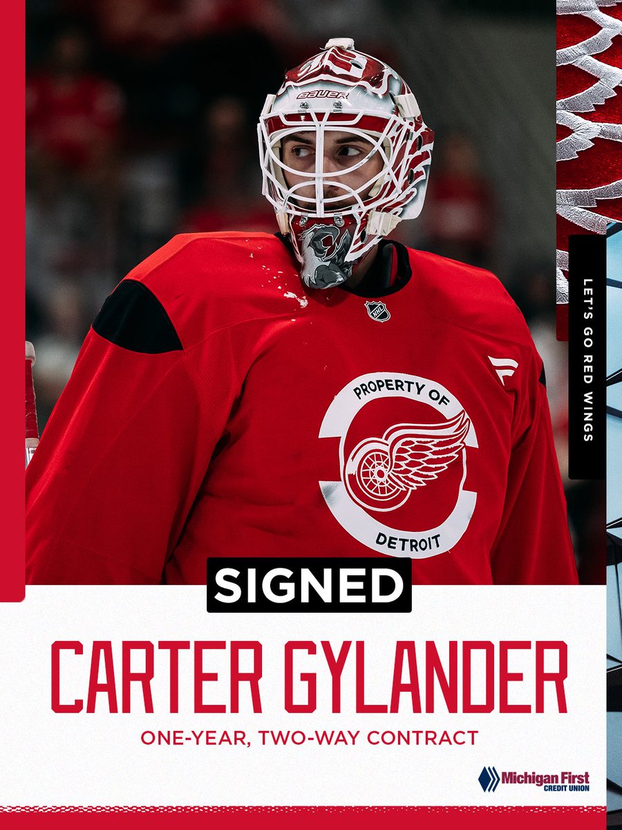DetroitRedWings's tweet photo. CARTER G‼️

The #RedWings have signed Carter Gylander to a one-year, two-way contract. https://t.co/LZjyISPykP