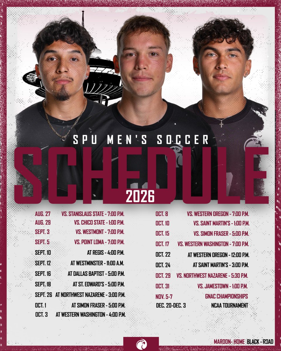 SPUsports's tweet photo. SPU men's soccer head coach Kevin Sakuda announced the Falcons' 2026 schedule, featuring 10 home contests at Interbay, nonconference matches in Colorado and Texas, and another run through the GNAC schedule.
More | https://t.co/ZcxskIsG0D
#GoFalcons https://t.co/SdCFYArRMb