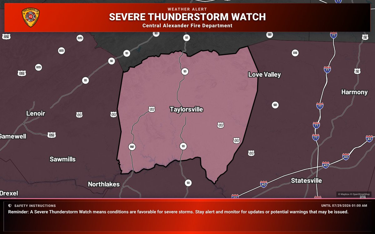 CAFDST30's tweet photo. Severe T-Storm Watch for Rabun, GA &amp; Others until 1 AM EDT Wed. Conditions favorable for severe storms. Damaging winds, large hail, and heavy rain possible. Monitor for Severe Thunderstorm Warnings. https://t.co/K5r3YXG9zn