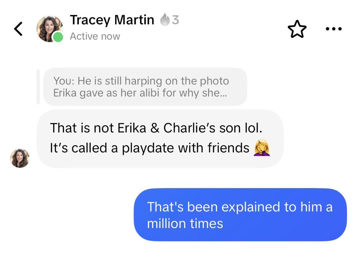 Mini_111111's tweet photo. @paleochristcon Here is the claim that @realstewpeters was just speaking of on the debate regarding Erika’s alibi.

Erika was seen at Ft. Huachuca on the afternoon of Sept 8th, however, only an alibi for Sept 9th was provided(that’s not what anyone was asking for), which is showing a picture of what should be her children, based on the text.  Notice, “Taking them for a walk before going into the office”

However, Tracey Martin, Erika’s right hand man, claims that this is not their son and that this was a play date.

So, what is it?
