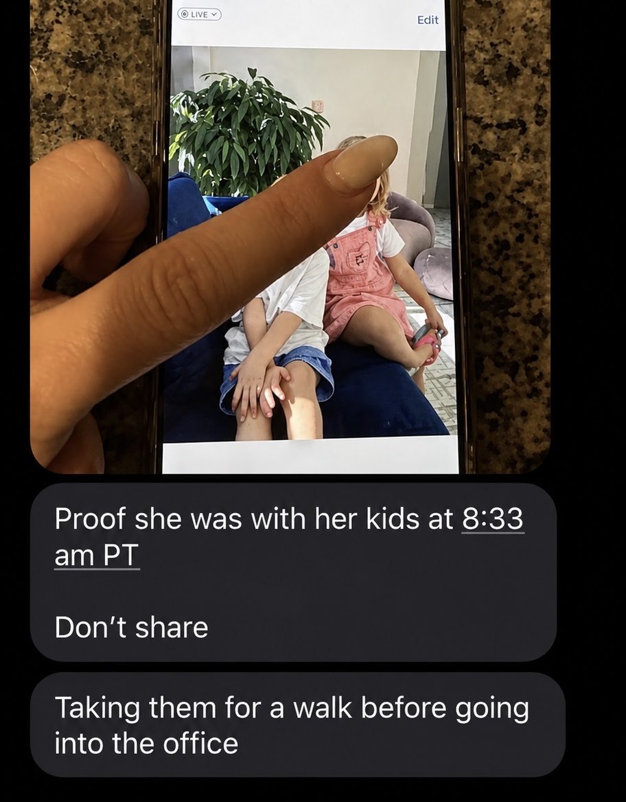 Mini_111111's tweet photo. @paleochristcon Here is the claim that @realstewpeters was just speaking of on the debate regarding Erika’s alibi.

Erika was seen at Ft. Huachuca on the afternoon of Sept 8th, however, only an alibi for Sept 9th was provided(that’s not what anyone was asking for), which is showing a picture of what should be her children, based on the text.  Notice, “Taking them for a walk before going into the office”

However, Tracey Martin, Erika’s right hand man, claims that this is not their son and that this was a play date.

So, what is it?