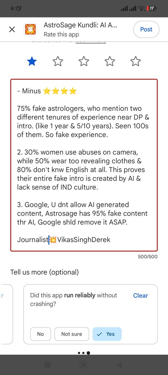 vikassinghderek's tweet photo. @Google @GooglePlay @AstroSageSays 

1. Hello Google, I have done my research, analysis, and conclusion about company AstroSage AI and also shared my reviews on Playstore. 

2. You should take this case seriously and save crores of Indians from falling prey to this scam, before it's too late.

3. Sharing the images below for your reference with proofs, bcoz it looks like a big fraud against religious Hindus with the help of your rival/enemy AI.